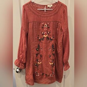 Umgee terracotta Embroidered Boho Style Ruched Mini Dress with Bishop Sleeves